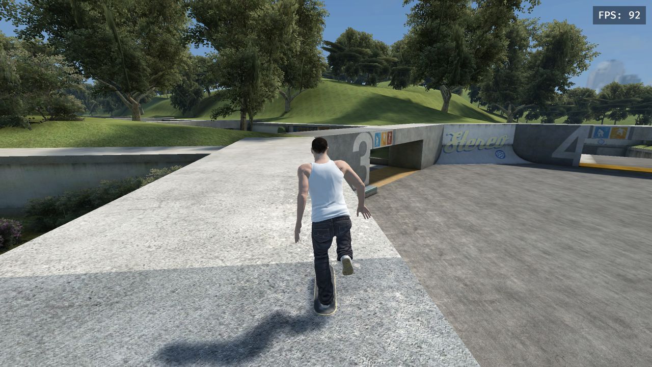 A skater riding through the concrete ramps at Skate School in the browser game.